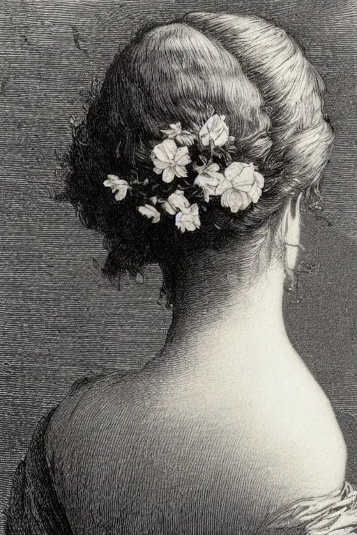 Image similar to extreme close-up, portrait of a beautiful french woman from behind with a single flower in head, Gustave Dore lithography