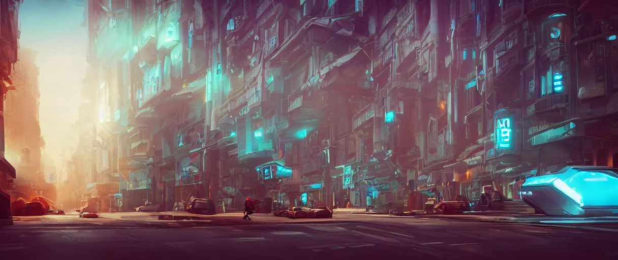 Image similar to street in a futuristic city, dieselpunk style, high detailed, superrealism, octane render, ray tracing, unreal engine, cinematic mode, redshift, hdr, hyperrealist, trending of artstation, optical flare, smart sharpen, global ilumination, ambient oclusion, film 3 5 mm, teal orange color scheme