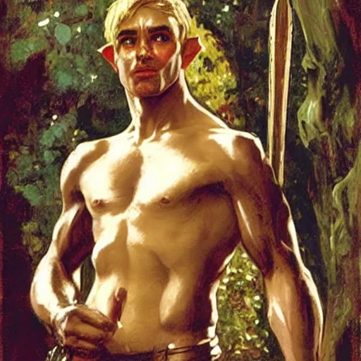 Prompt: medieval, attractive muscular male half elf half orc character design, painting by gaston bussiere, craig mullins, j. c. leyendecker, tom of finland