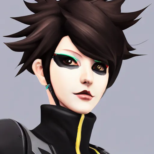 Prompt: digital artwork of tracer from overwatch wearing a black outfit, black lipstick and black eye makeup, 4 k, highly detailed artwork