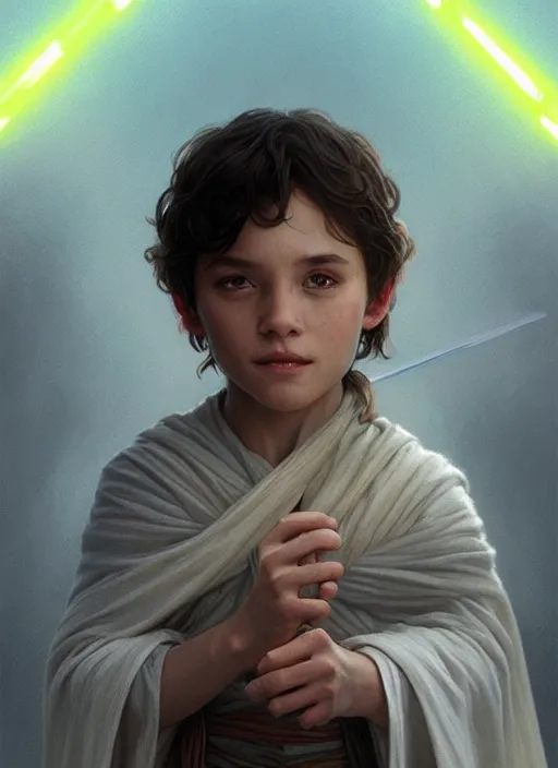 Image similar to perfectly - centered - portrait of a kid wearing white cloak holding light saber, intricate, highly detailed, digital painting, artstation, concept art, smooth, sharp focus, illustration, unreal engine 5, 8 k, art by artgerm and greg rutkowski and alphonse mucha