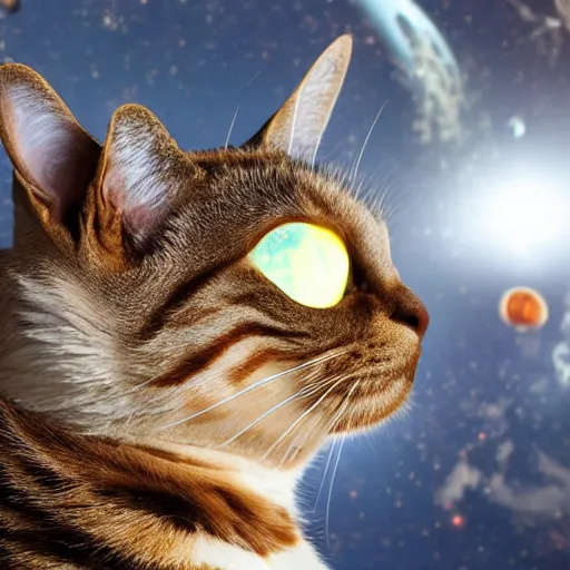 Prompt: cat being shocked by outer space, reflections in his eyes