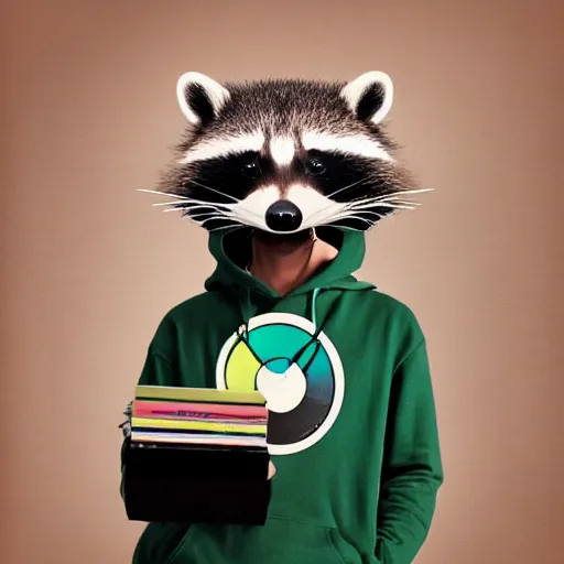 Image similar to medium shot, photo of a person in a detailed hyperrealistic raccoon mask, wearing a dark green hoodie, holding a pile of vinyl records, 8 0 - s, polaroid photo, by warhol,