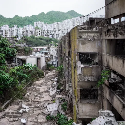 Image similar to View through the streets and upwards of Hashima gradually returning to nature