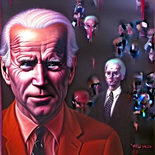 Image similar to epic Joe Biden in pandemonium, demons and souls, portrait, art by Wayne Barlowe, oil on canvas