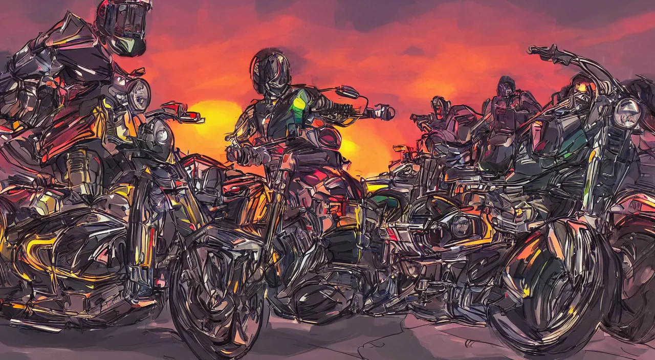 Image similar to motorcycles parked outside gas station south west sunset beautiful artstation 4 k breathtaking concept art illustration cartoon by jack kirby