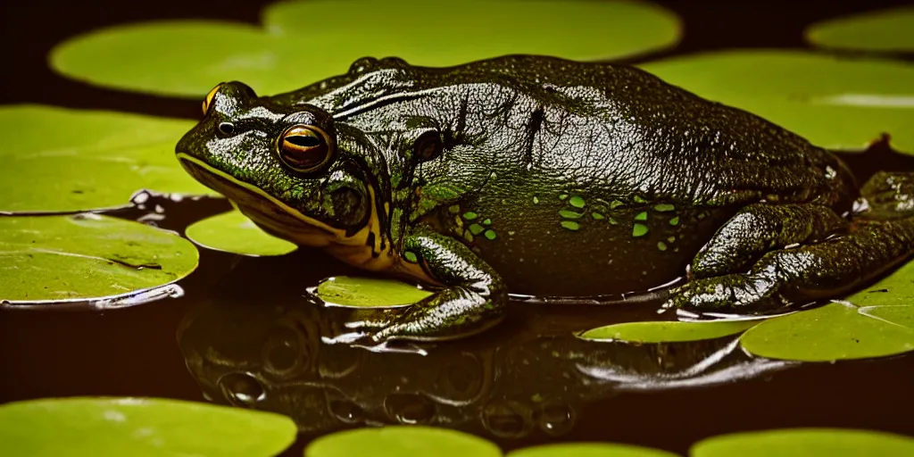 Image similar to detailed medium format photo, polaroid still from tarkovsky movie, of a large bullfrog sitting on a lilly pad in a murky swamp smoking a cigarette, haze, high production value, intricate details, 8 k resolution, hyperrealistic, hdr, photorealistic, high definition, tehnicolor, award - winning photography, masterpiece, amazing colors