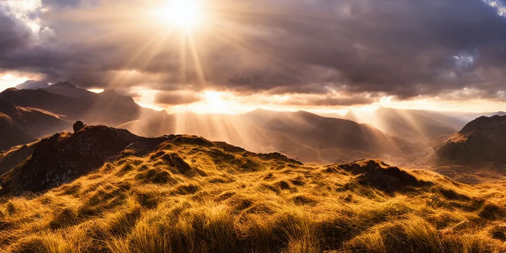 Prompt: Crib Goch!!!!!!!!!!! ridge, rays, epic, cinematic, photograph, atmospheric, god-rays, national geographic, dawn, golden hour, sunrise, sky, clouds, grass, autumn