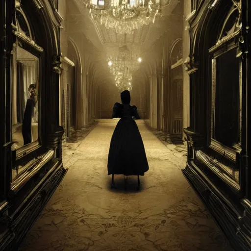 Image similar to a beautiful victorian woman is frightened by her doppleganger in a mirror. she is in a long hallway of mirrors. victorian interior, with many mirrors, twins, elegant design, haunting atmosphere, dark lighting, gothic, horror style, scary, swirling fog, volumetric lighting, by greg rutkowski, realistic, dutch angle, 3 / 4 view.