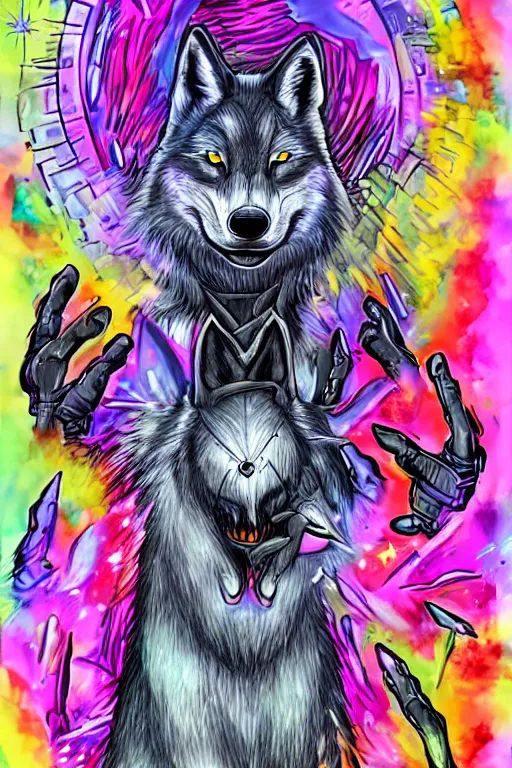 Prompt: A mystical wolf bursts out of the drawing and spills directly into the drawing setting up the artwork, lazer beams are bursting out of them in a fantastic burst of colors. Illustration done in parody of works by Jack Skellington.