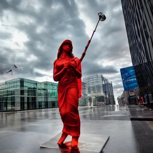 Prompt: michelangelo woman carrying torch at cnn headquarters with stormy lighting and clouds in the background 4 k hdr