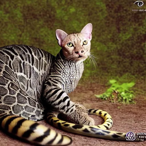 Image similar to a reptilian feline snake - cat - hybrid, animal photography