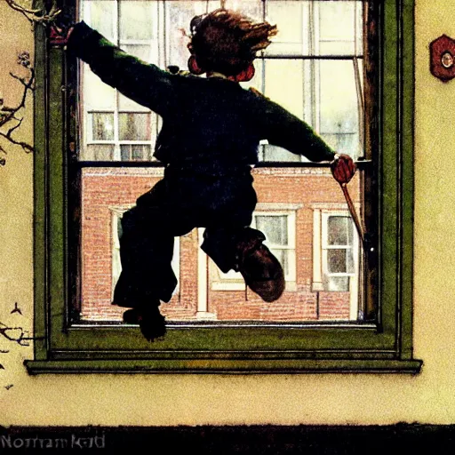 Image similar to close up portrait of dwarf jumping from window by norman rockwell, illustration, 5 0 mm lens,