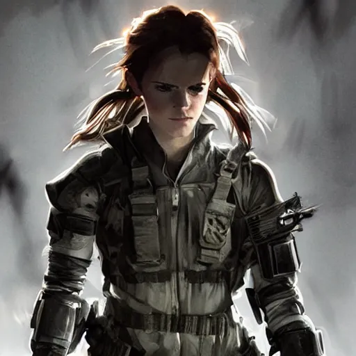 Image similar to emma watson wearing metal gear armor dramatic lighting cinematic cinematic lighting art by Richard Schmid by Yoji Shinkawa by greg rutkowski