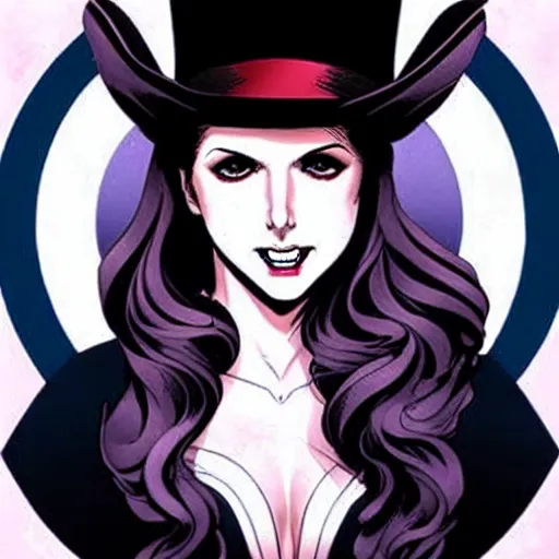 Image similar to beautiful Anna Kendrick Zatanna DC Comics on stage, wearing a top hat, symmetrical face symmetrical eyes, beautiful smile, intricate details, atmospheric, art by eiichiro oda, Joshua Middleton art