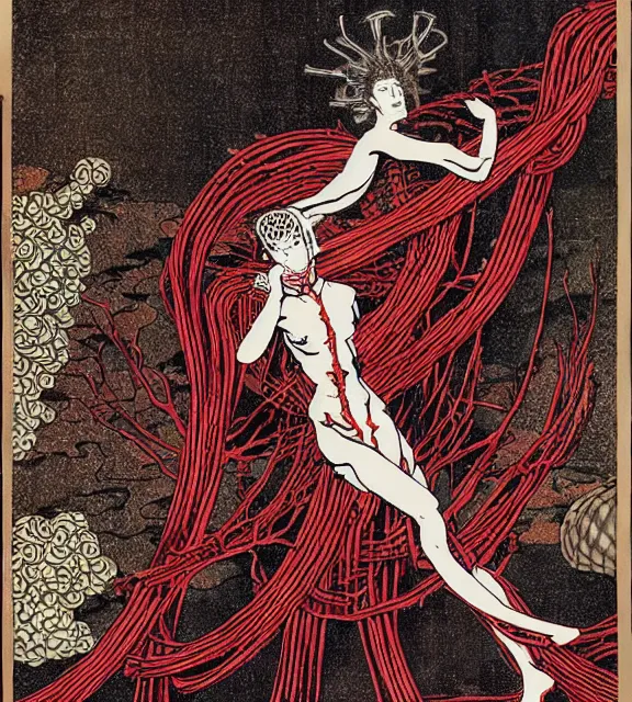 Prompt: still frame from Prometheus, harvest goddess cyborg in crimson filament mycelium, dressed by Neri Oxman and alexander mcqueen, metal couture haute couture editorial by giger by utagawa kuniyoshi