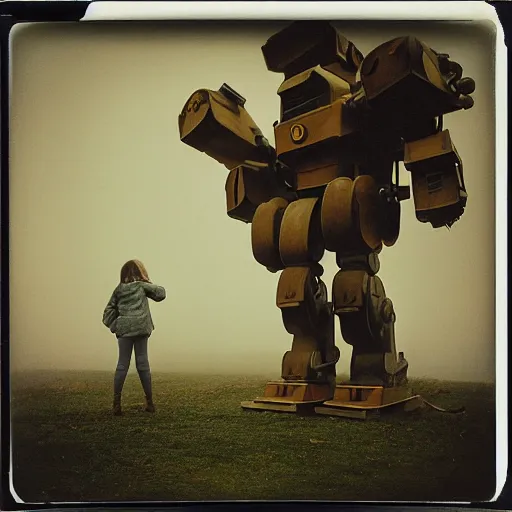 Prompt: giant oversized robot mech baby on a village, Cinematic focus, Polaroid photo, vintage, neutral colors, soft lights, foggy, by Steve Hanks, by Serov Valentin, by lisa yuskavage, by Andrei Tarkovsky