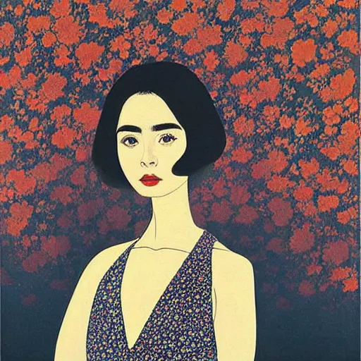 Image similar to “ lily collins portrait by ikenaga yasunari and ayana otake and ko rakusui, 6 0 s poster, drawing, realistic, sharp focus, japanese, dreamy, nostalgia, faded, golden hues, floral clothes, porcelain skin ”
