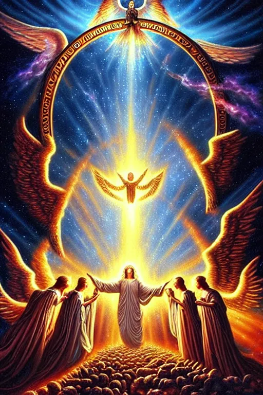 Prompt: a photorealistic detailed cinematic image of angels guiding a departed soul crossing the ornate portal to the afterlife. met by friends and family, overjoyed, emotional by pinterest, david a. hardy, kinkade, lisa frank, wpa, public works mural, socialist