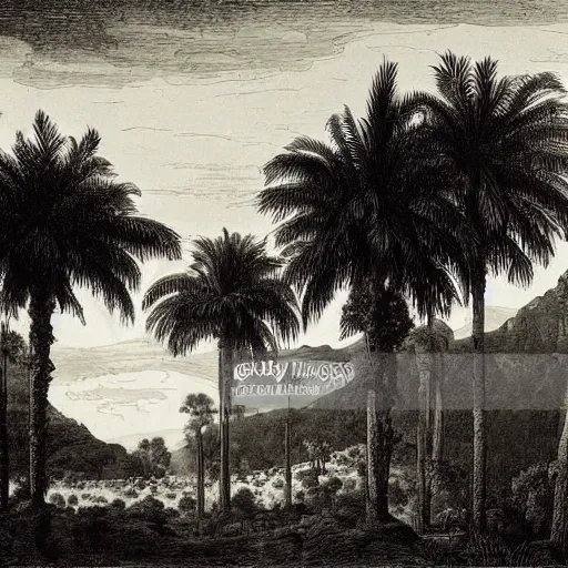 Prompt: an italian town on a hill, in the midst of the desert of brazil. italian architecture, huge tropical trees, dark, atmospheric, palms, cypresses, gustave dore 1 8 6 5