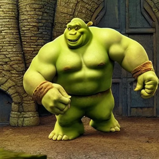 Prompt: shrek with the incredible hulk’s body.