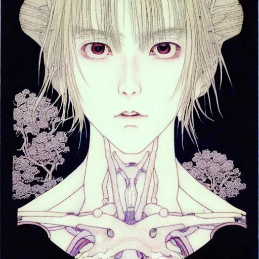 Image similar to prompt: Fragile looking soft light portrait face drawn by Takato Yamamoto and Katsuhiro Otomo, inspired by Ghost in Shell anime, magical and alchemical objects on the side, soft light, intricate detail, intricate ink painting detail, sharp high detail, manga and anime 2000