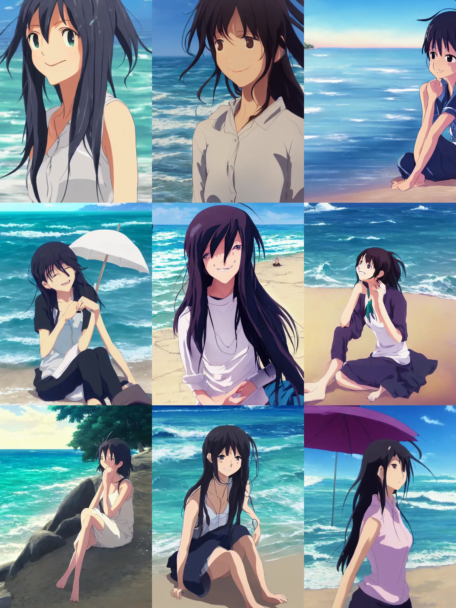 Prompt: Portrait of a happy anime woman on the beach near the ocean, makoto shinkai, very comfy