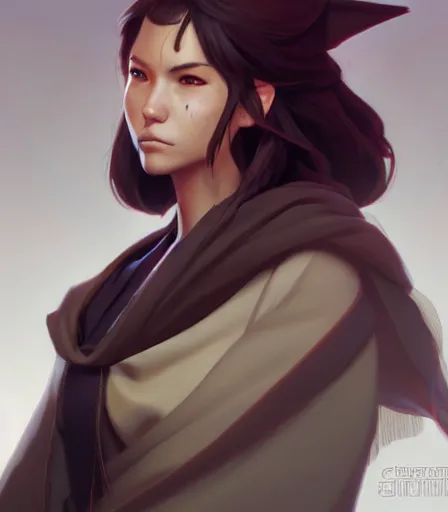 Image similar to beautiful portrait of a female anthro coyote wearing jedi robes. character design by charlie bowater, ross tran, artgerm, and makoto shinkai, detailed, soft lighting, rendered in octane