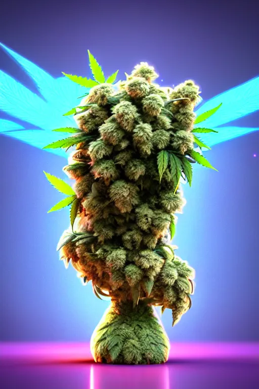 Image similar to high quality 3 d render very cute beautiful creature with a cannabis inflorescence instead of a head, like baby! cosmic marijuana bush, incorporated speakers!, cyberpunk highly detailed, unreal engine cinematic smooth, in the style of blade runner & detective pikachu, hannah yata charlie immer, moody light, low angle, uhd 8 k, sharp focus