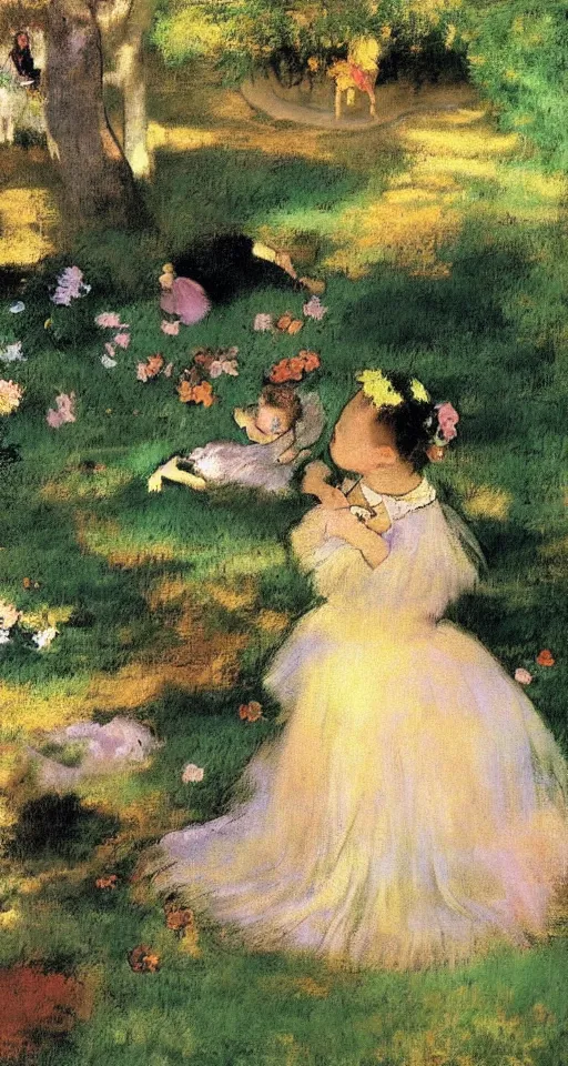 Image similar to oil painting of a Japanese baby girl crawling in a fancy garden, unicorn and fairy around, sunny day, art by Edgar Degas