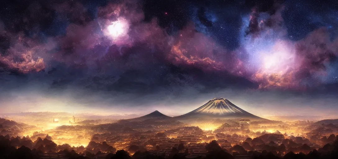 Image similar to view of an ancient japanese city at night, temples, trees, dormant volcanoes in the background, galaxy nebula, dramatic clouds, glowing fog, dramatic lighting, ultra detailed, sharp, ambient occlusion, raytracing, by greg rutowski, paul chadeisson and jessica rossier