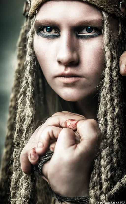 Image similar to photorealistic 3/4 photograph of beautiful female viking warrior with large sad gray eyes, bloody, cinematic, 28mm