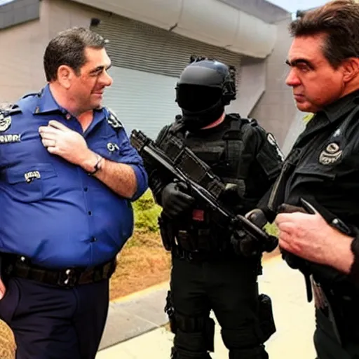 Image similar to evil dan andrews melbourne premier surrounded by swat team