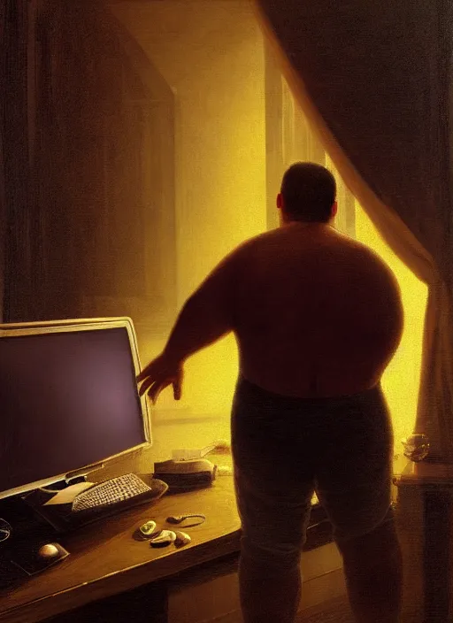 Image similar to insanely detailed chiaroscuro image of a exhausted - looking slightly overweight casually - dressed programmer guy on his knees facing his glowing ultrawide computer monitor monitor begging it for forgiveness, oil on canvas, masterwork, fine detail, trending on artstation, emotive, insanely compelling, ryden, koons, moebius