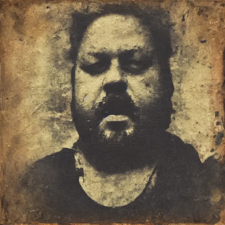 Image similar to Antique tintype of Beautiful warmly lit close up expressionistic studio portrait of very angry! unattractive chubby man with a stubbly beard singing angrily!, impasto oil painting heavy brushstrokes by Cy Twombly and Anselm Kiefer , trending on artstation dramatic lighting abstract Expressionism