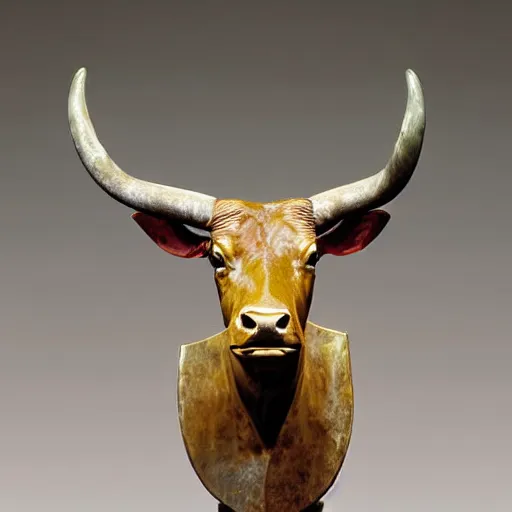 Image similar to professional color photograph of a patinated bronze portrait bust of a furious Texas longhorn steer supported by a bronze plinth, by Auguste Rodin, Jean-Leon Gerome
