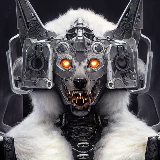 Image similar to portrait painting of a cybernetic werewolf warrior with white fur and silver fangs wearing black power armor, ultra realistic, concept art, intricate details, eerie, highly detailed, photorealistic, octane render, 8 k, unreal engine. art by artgerm and greg rutkowski and alphonse mucha