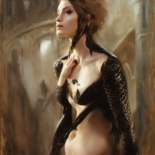 Prompt: nagini, female, long, black scales, chest coverd, cinematographic shot, by daniel f. gerhartz