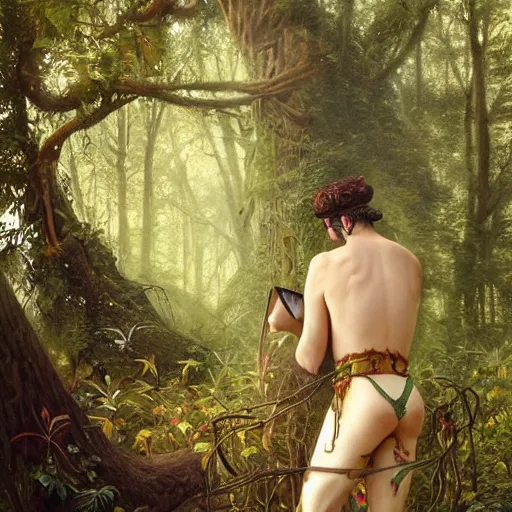 Image similar to intricate detailed portrait painting of a young man putting on tefillin in a beautiful forest meadow, temple ruins surrounded by lush forest, afternoon, intricate, elegant, highly detailed, digital painting, sharp, focus, illustration art by artgerm and greg rutkowski and alphonse mucha