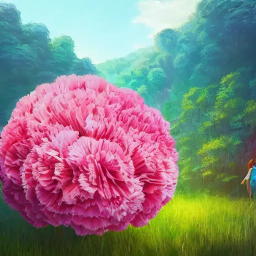 Image similar to giant carnation flower as a head, girl hiking in a lush valley, surreal photography, sunrise, dramatic light, impressionist painting, colorful clouds, digital painting, artstation, simon stalenhag