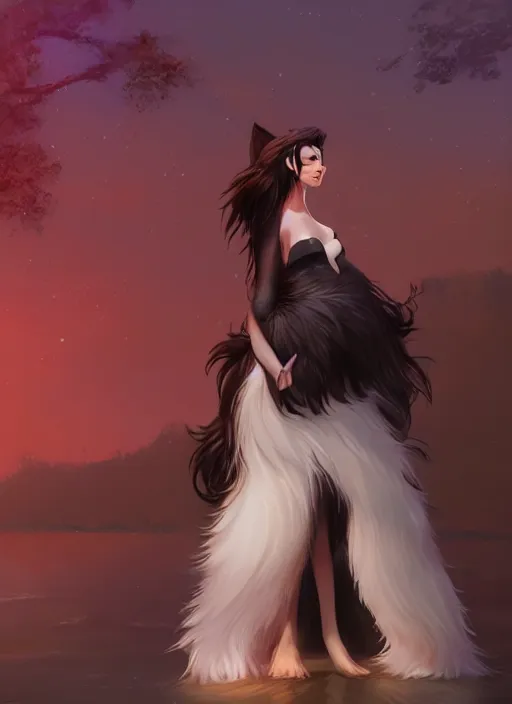 Prompt: wide angle beautiful full body portrait of a strong male anthropomorphic anthro border collie fursona wearing an evening gown by a lake at night, character design by charlie bowater, henry asencio, and ross tran, furry art, furaffinity, beautiful, glamor pose, detailed, aesthetic, trending on artstation