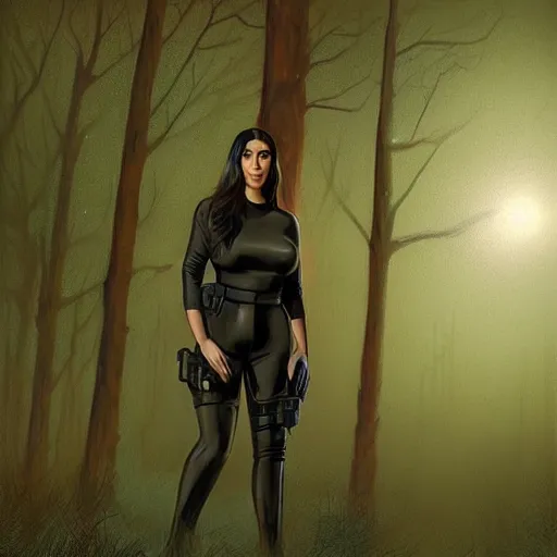 Image similar to kim kardashian as a cop, full body pov, emotional, night time forest with a ufo sitting in the fog, pretty, aesthetic, matte detailed photo, DeviantArt, Artstation, by donato giancola, ralph horley, loish, ufo lighting