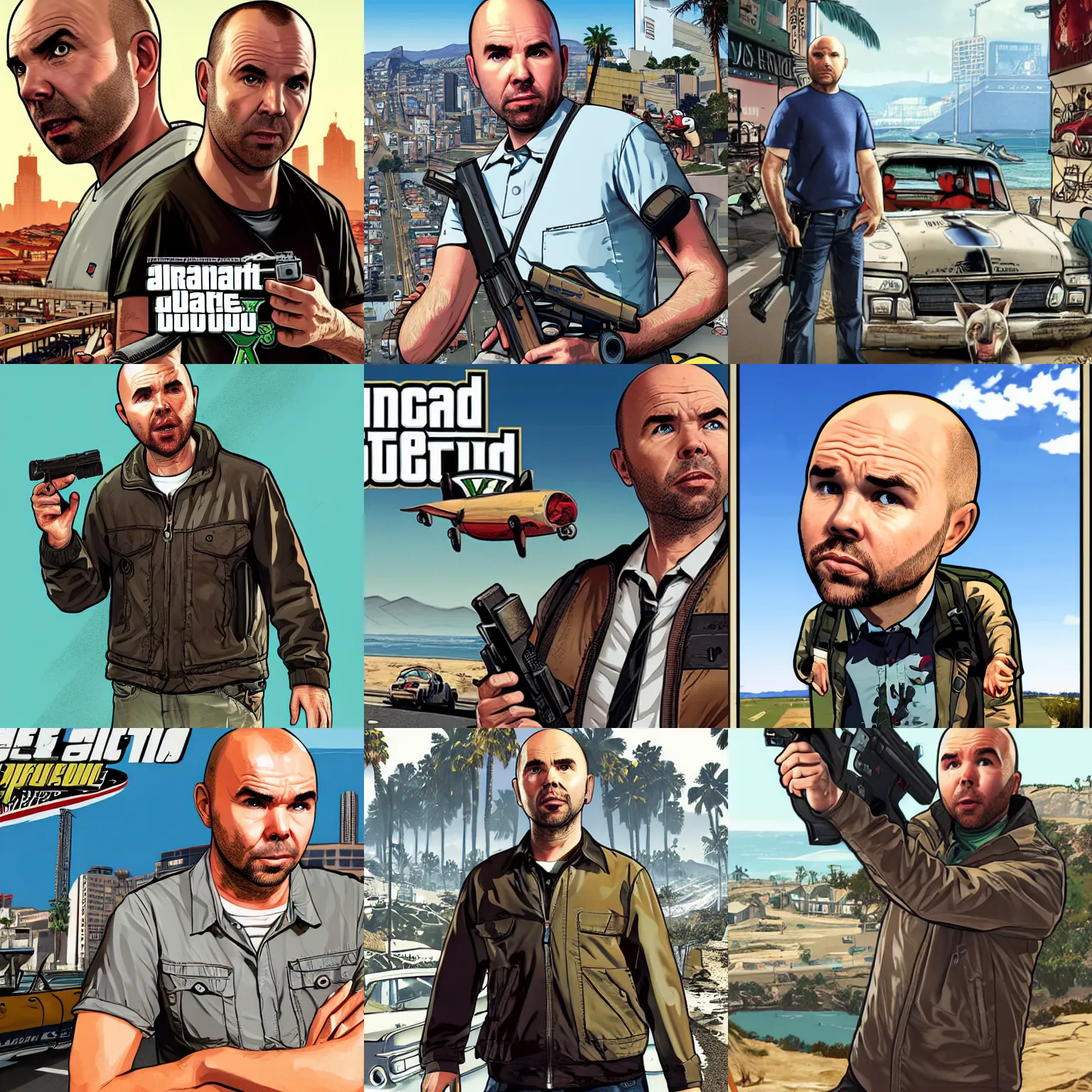 Prompt: karl pilkington in gta v promotional art by stephen bliss, no text, very detailed