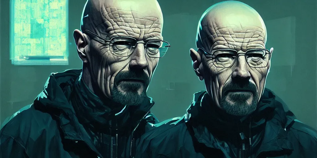 Image similar to cybernetic walter white selling methamphetamine, detailed intricate illustration, dark atmosphere, detailed illustration, hd, 4 k, digital art, overdetailed art, by greg rutkowski, by loish, complementing colors, trending on artstation, deviantart