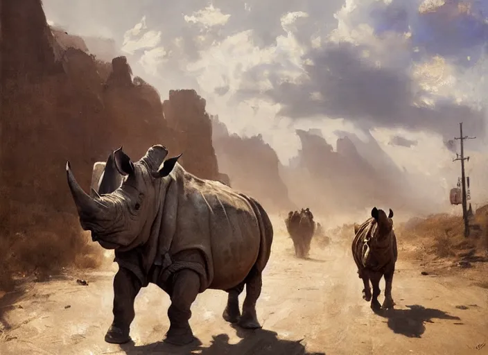 Prompt: oil painting of old rugged rhino in dusty wild west street, art by anders zorn, wonderful masterpiece by greg rutkowski, beautiful cinematic light, american romanticism by greg manchess, jessica rossier