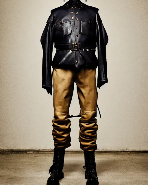 Image similar to an award - winning editorial photo of an irradecent extremely baggy cropped short ancient medieval designer menswear leather police jacket with an oversized collar and baggy bootcut trousers designed by alexander mcqueen, 4 k, studio lighting, wide angle lens