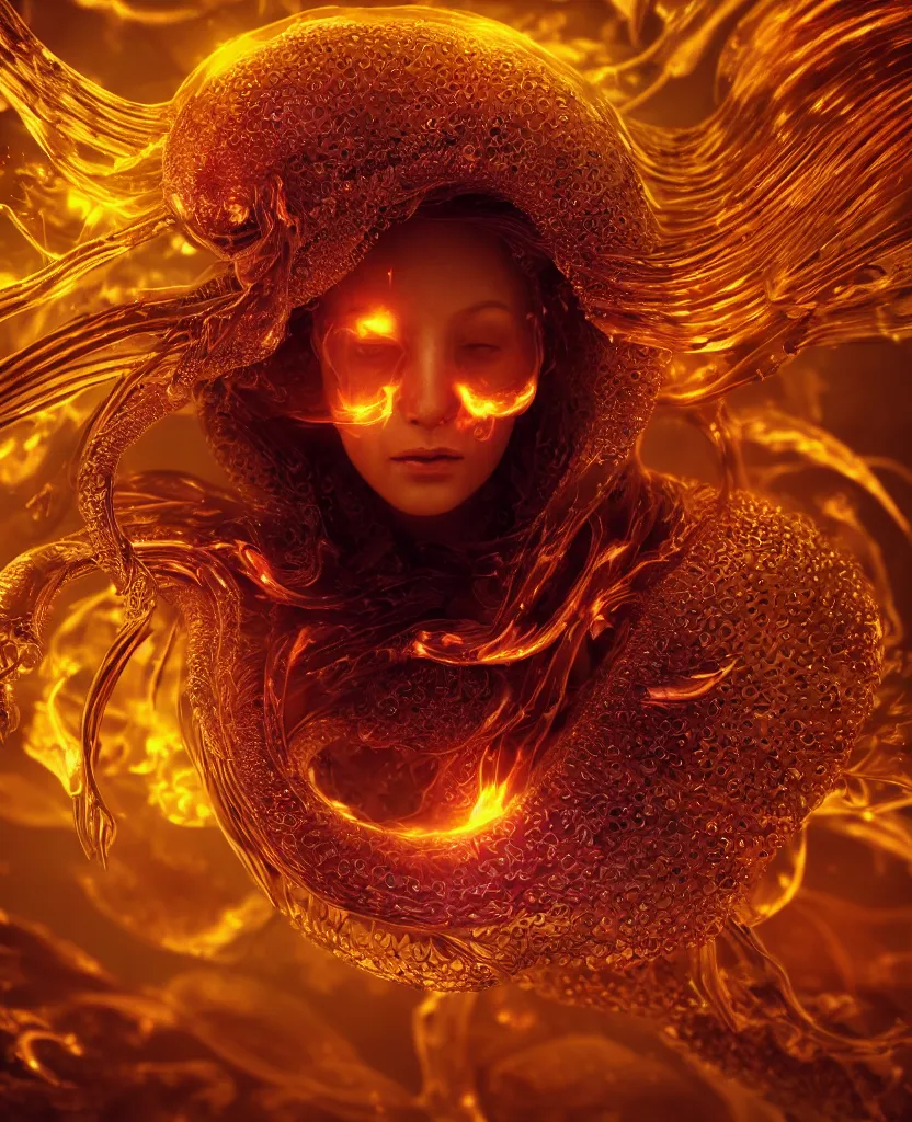 Image similar to close-up macro portrait of the face of a beautiful princess, epic angle and pose, symmetrical artwork, 3d with depth of field, blurred background, cybernetic jellyfish female face skull phoenix bird, translucent, nautilus, energy flows of water and fire. a highly detailed epic cinematic concept art CG render. made in Maya, Blender and Photoshop, octane render, excellent composition, cinematic dystopian brutalist atmosphere, dynamic dramatic cinematic lighting, aesthetic, very inspirational, arthouse. y Greg Rutkowski, Ilya Kuvshinov, WLOP, Stanley Artgerm Lau, Ruan Jia and Fenghua Zhong