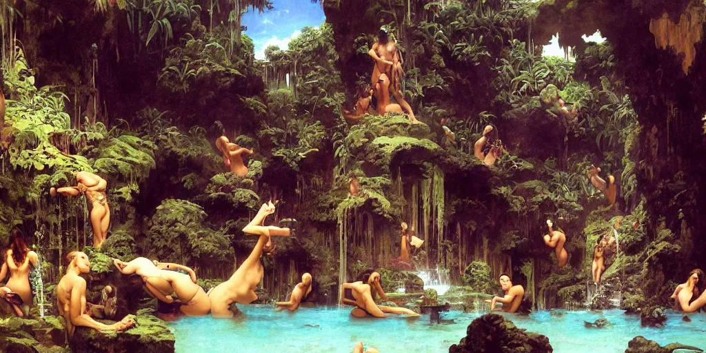 Prompt: a tropical cave that renovate as a luxury interior as a harem of beautiful women bathe in the waters and surround our protagonist by syd mead, frank frazetta, ken kelly, simon bisley, richard corben, william - adolphe bouguereau, detailed concept art