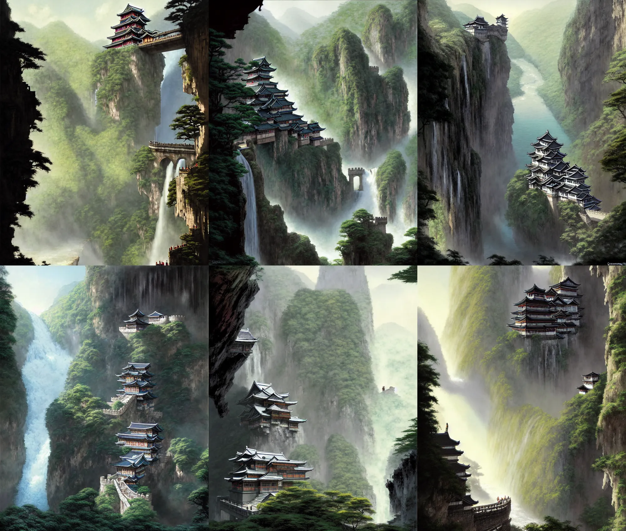 Prompt: establishing wide shot inside han son doong with waterfalls on either side of the cliff walls, at the top of the cliff is a japanese castle, a cloister is built into the cliff walls, an old suspension bridge spans the walls, sunny morning light, detailed digital concept art by greg rutkowski and gerald brom and james gurney