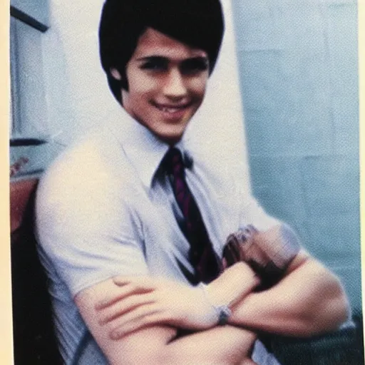 Prompt: a color photograph of a very handsome young guy in 1 9 7 8, he is at college